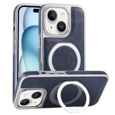 Per iPhone 15 Plus Custodia per telefono con supporto MagSafe in pelle placcata (blu)