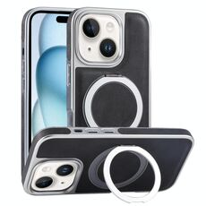 Per iPhone 15 Plus Custodia per telefono con supporto MagSafe in pelle placcata (nero)