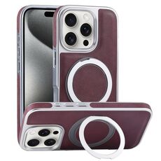 Per iPhone 15 Pro Custodia per telefono con supporto MagSafe in pelle placcata (rosso scuro)