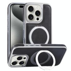 Per iPhone 15 Pro Custodia per telefono con supporto MagSafe in pelle placcata (nero)