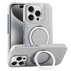 Per iPhone 15 Pro Max Custodia per telefono con supporto MagSafe in pelle placcata (verde grigiastro)
