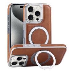 Per iPhone 15 Pro Max Custodia per telefono con supporto MagSafe in pelle placcata (marrone)