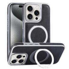 Per iPhone 15 Pro Max Custodia per telefono con supporto MagSafe in pelle placcata (nero)