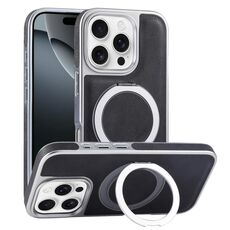 Per iPhone 16 Pro Max Custodia per telefono con supporto MagSafe in pelle placcata (nero)