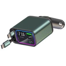 Caricabatteria da auto con doppio cavo retrattile, luce ambiente di funzionamento, display della tensione, porta: tipo C + tipo C