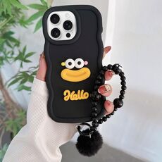 Custodia per telefono in TPU con bocca di salsiccia dei cartoni animati per iPhone 16 Pro con catena di perline (nera)