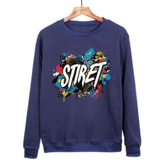 Felpa girocollo casual larga con stampa alfabeto, stampa su richiesta, taglia: M (blu navy)
