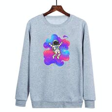 Felpa girocollo casual larga con stampa astronauta, stampa su richiesta, taglia: XS (grigio)