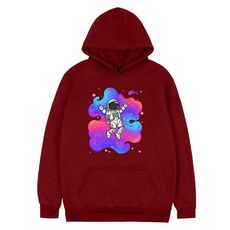 Felpa con cappuccio in pile con stampa astronauta, stampa su richiesta, taglia: XS (rosso vino)