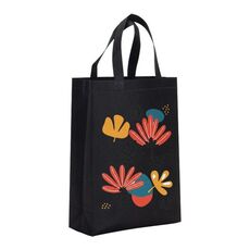 Borsa in tessuto non tessuto stampato con fiori, stampa su richiesta, dimensioni: 38x30x10 cm (nero)