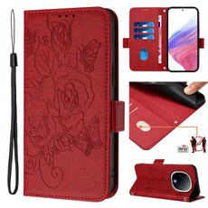Per vivo Y300 5G Custodia in pelle antifurto RFID con motivo a rose in rilievo (rosso)