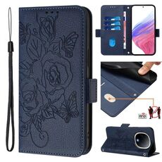 Per vivo Y300 5G Custodia in pelle antifurto RFID con motivo a rose in rilievo (blu scuro)