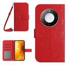 Custodia per telefono in pelle con motivo a fiore di sole Smart Skin Feel For Honor X9c con cordino (rosso)