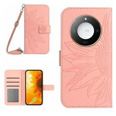 Custodia per telefono in pelle con motivo a fiore di sole Smart Skin Feel For Honor X9c con cordino (rosa)