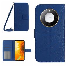 Custodia per telefono in pelle con motivo a fiore di sole Smart Skin Feel For Honor X9c con cordino (blu scuro)
