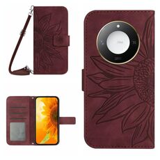 Custodia per telefono in pelle con motivo a fiore di sole Smart Skin Feel For Honor X9c con cordino (rosso vino)