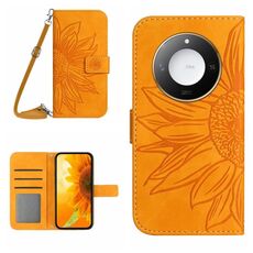 Custodia per telefono in pelle con motivo a fiore di sole Smart Skin Feel For Honor X9c con cordino (giallo)