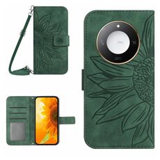 Custodia per telefono in pelle con motivo a fiore di sole Smart Skin Feel For Honor X9c con cordino (verde)