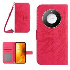 Custodia per telefono in pelle con motivo a fiore di sole Smart Skin Feel For Honor X9c con cordino (rosso rosa)