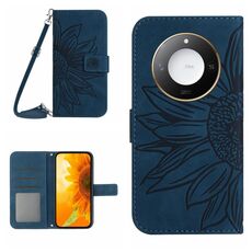 Custodia per telefono in pelle con motivo a fiore di sole Smart Skin Feel For Honor X9c con cordino (blu inchiostro)