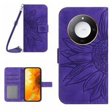 Custodia per telefono in pelle con motivo a fiore di sole Smart Skin Feel For Honor X9c con cordino (viola scuro)