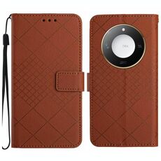 Custodia per telefono in pelle con trama a griglia rombica intelligente per Honor X9c (marrone)