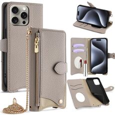 Per iPhone 16 Pro Max Crossbody Chain Fishtail Litchi Custodia per telefono in pelle (grigio)