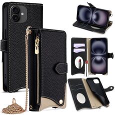 Per iPhone 16 Plus Custodia a tracolla in pelle Litchi con motivo a coda di pesce (nero)