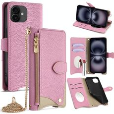 Per iPhone 16 Plus Custodia per telefono in pelle Litchi a coda di pesce con tracolla a catena (rosa)
