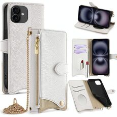 Per iPhone 16 Plus Custodia per telefono in pelle Litchi a coda di pesce con catena a tracolla (bianca)