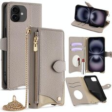 Per iPhone 16 Custodia a tracolla in pelle Litchi a coda di pesce con catena a tracolla (grigio)