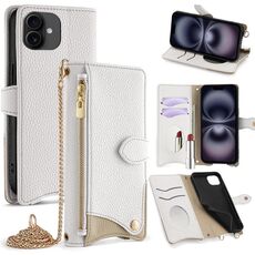 Per iPhone 16 Custodia per telefono in pelle Litchi a coda di pesce con catena a tracolla (bianca)