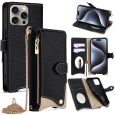Per iPhone 15 Pro Max Crossbody Chain Fishtail Litchi Custodia per telefono in pelle (nero)