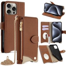 Per iPhone 15 Pro Max Custodia a tracolla in pelle Litchi con catena a coda di pesce (marrone)