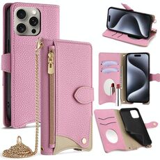 Per iPhone 15 Pro Max Custodia a tracolla in pelle Litchi con catena a coda di pesce (rosa)