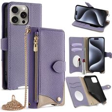 Per iPhone 15 Pro Max Custodia a tracolla in pelle Litchi con catena a coda di pesce (viola)