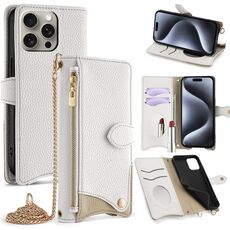 Per iPhone 15 Pro Max Custodia a tracolla in pelle Litchi con catena a coda di pesce (bianca)