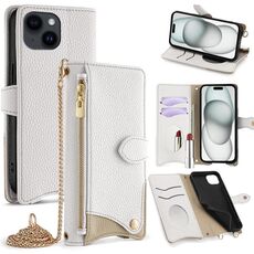 Per iPhone 15 Plus Custodia a tracolla in pelle Litchi a coda di pesce con catena a tracolla (bianca)