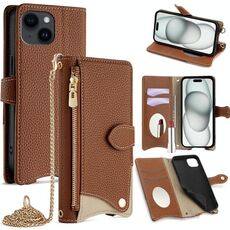 Per iPhone 15 Custodia a tracolla in pelle Litchi con catena a coda di pesce (marrone)
