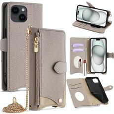 Per iPhone 15 Custodia a tracolla in pelle Litchi a coda di pesce con catena a tracolla (grigio)