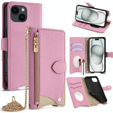 Per iPhone 15 Custodia per telefono in pelle Litchi a coda di pesce con tracolla a catena (rosa)