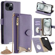 Per iPhone 15 Custodia a tracolla in pelle Litchi a coda di pesce con catena a tracolla (viola)