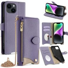 Per iPhone 14 Plus Crossbody Chain Fishtail Litchi Custodia per telefono in pelle (viola)