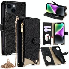 Per iPhone 14 Custodia per telefono in pelle Litchi a coda di pesce con catena a tracolla (nera)