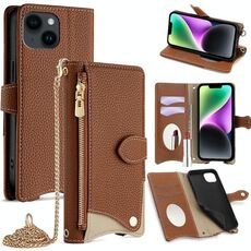 Per iPhone 14 Custodia per telefono in pelle Litchi a coda di pesce con tracolla a catena (marrone)