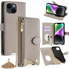 Per iPhone 14 Custodia per telefono in pelle Litchi a coda di pesce con catena a tracolla (grigio)