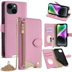 Per iPhone 14 Custodia per telefono in pelle Litchi a coda di pesce con tracolla a catena (rosa)