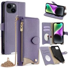 Per iPhone 14 Custodia per telefono in pelle Litchi a coda di pesce con catena a tracolla (viola)