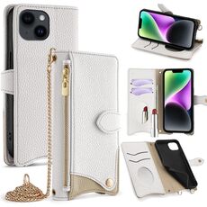 Per iPhone 14 Custodia per telefono in pelle Litchi a coda di pesce con catena a tracolla (bianca)