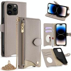 Per iPhone 14 Pro Max Crossbody Chain Fishtail Litchi Custodia per telefono in pelle (grigio)